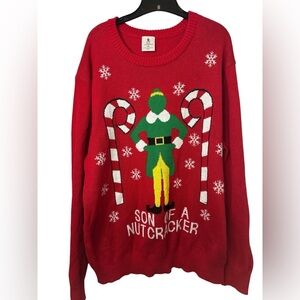 ELF Red Holiday Sweater with Candy Cane Design XXL